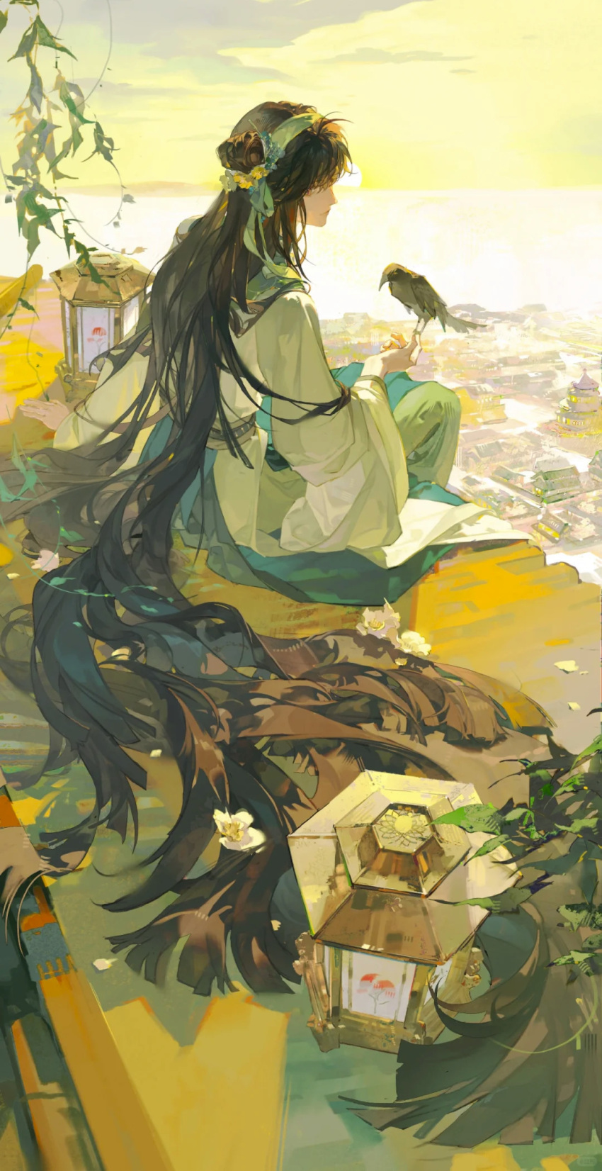 1girl, absurdly_long_hair, aqua_hairband, aqua_ribbon, aqua_skirt, architecture, bird, bird_on_hand, black_hair, blunt_ends, bush, chinese_clothes, chinese_commentary, closed_mouth, clouds, colored_skin, commentary_request, crow, day, double_bun, east_asian_architecture, expressionless, fingernails, flower, full_body, genren_jiu_qu, green_skirt, hair_bun, hair_flower, hair_ornament, hair_ribbon, hairband, hand_on_ground, hanfu, highres, island, lantern, long_hair, long_skirt, long_sleeves, looking_to_the_side, multicolored_skin, ocean, original, outdoors, petals, ribbon, skirt, sky, solo, sun, sunrise, town, two-tone_skin, very_long_hair, white_eyes, white_flower, white_hanfu, wide_sleeves, yellow_flower, yellow_sky