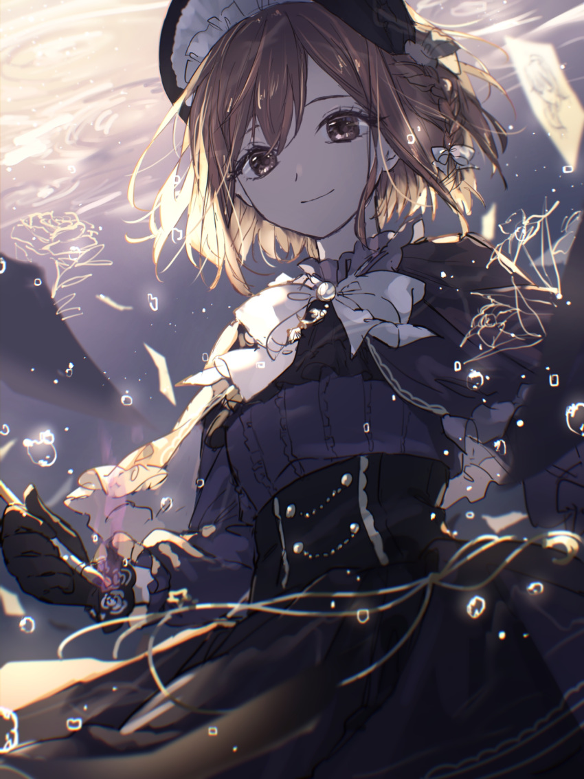 1girl, air_bubble, art_brush, backlighting, black_bonnet, black_capelet, black_gloves, black_skirt