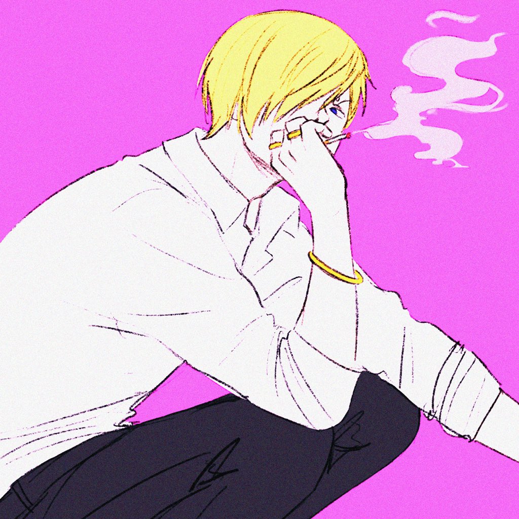 1boy, arm_on_knee, arm_up, black_pants, blue_eyes, bracelet, cigarette, collared_shirt