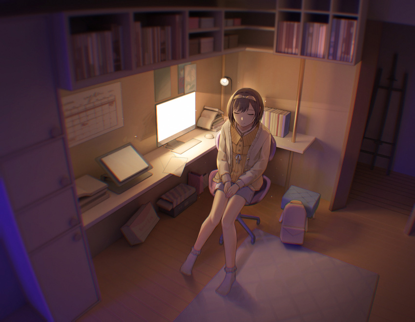 1girl, absurdres, backpack, bag, bare_legs, bedroom, blue_ribbon, bob_cut
