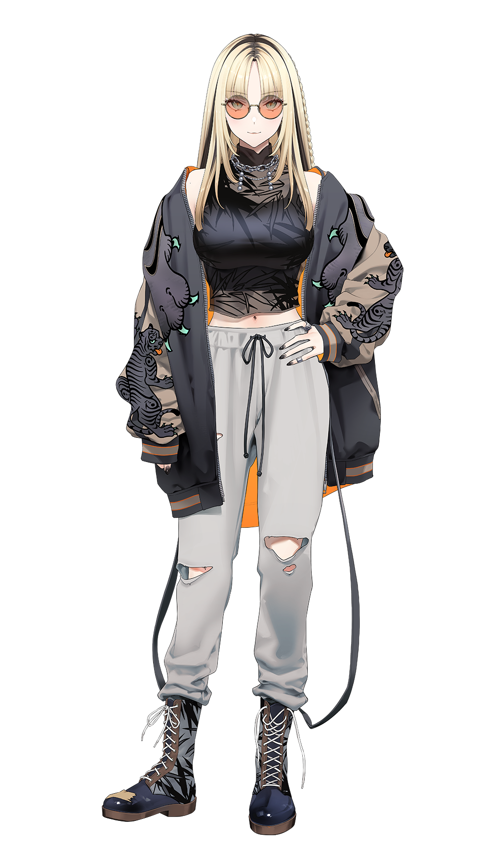 1girl, bare_shoulders, black_hair, blonde_hair, breasts, full_body, green_eyes, highres, hololive, hololive_dev_is, koganei_niko, long_hair, multicolored_hair, navel, official_art, pants, parted_bangs, smile, sunglasses, tetsukazu, tinted_eyewear, two-tone_hair, virtual_youtuber