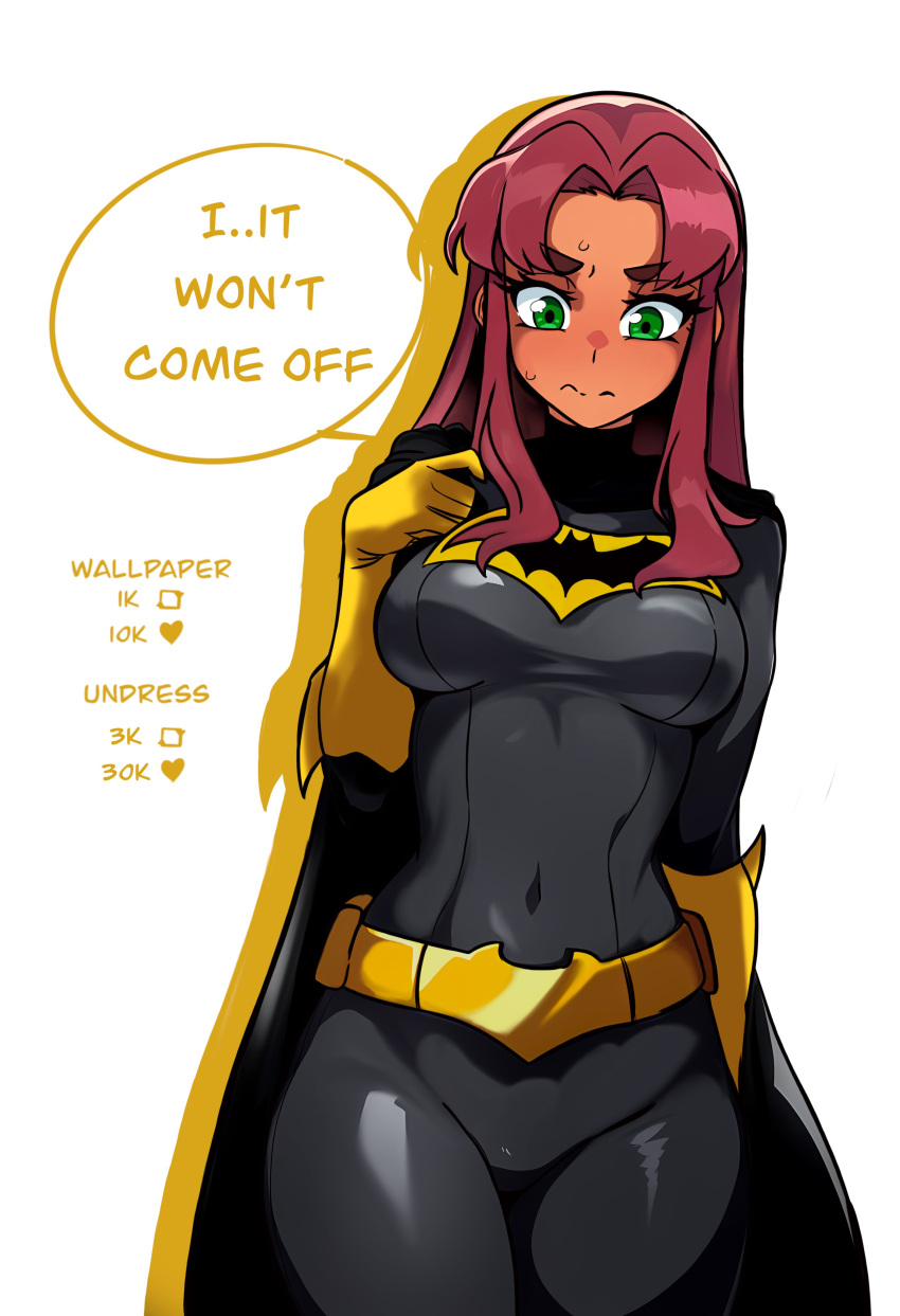 1girl, absurdres, batgirl, batgirl_(cosplay), batman_symbol, belt, bodysuit, breasts