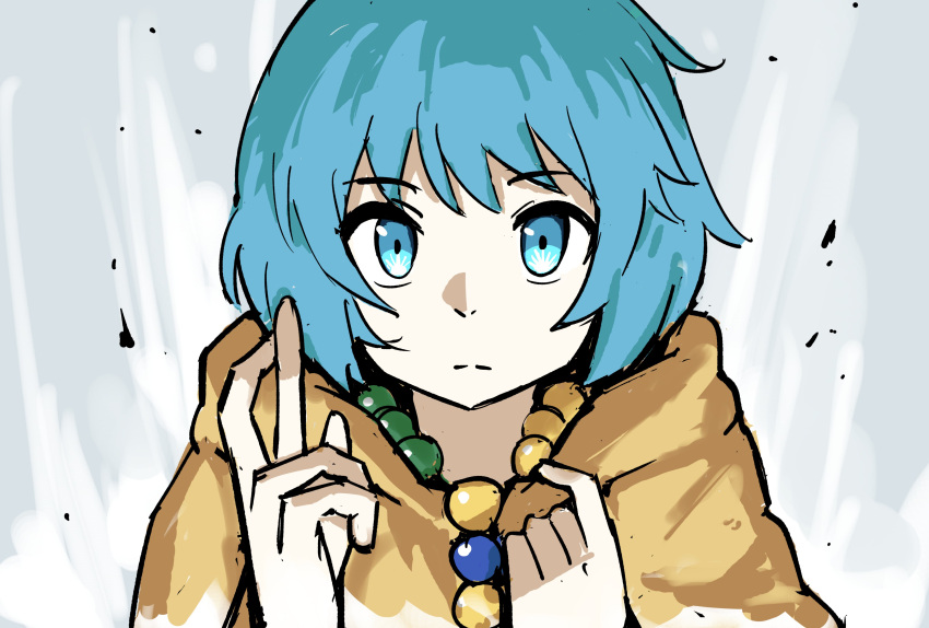 1girl, absurdres, aqua_eyes, aqua_hair, bead_necklace, beads, closed_mouth, coat, domain_expansion, expressionless, hands_up, highres, hood, hooded_coat, jewelry, jubilee_2025, jujutsu_kaisen, looking_at_viewer, luce_(jubilee_2025), necklace, short_hair, solo, tenten_(chan4545), upper_body, yellow_coat