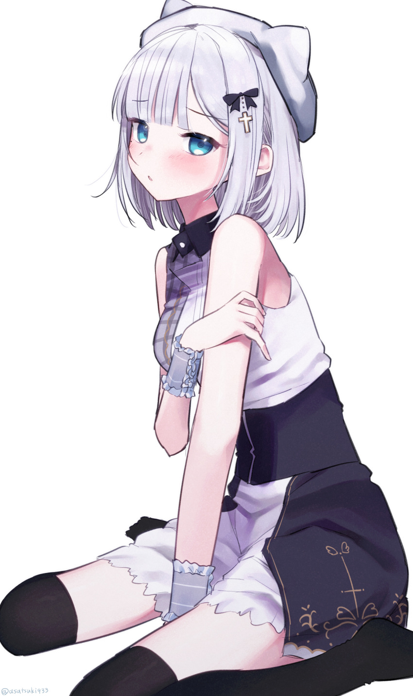 1girl, absurdres, animal_hat, arm_between_legs, asatsuki933, bare_shoulders, black_thighhighs, blue_background