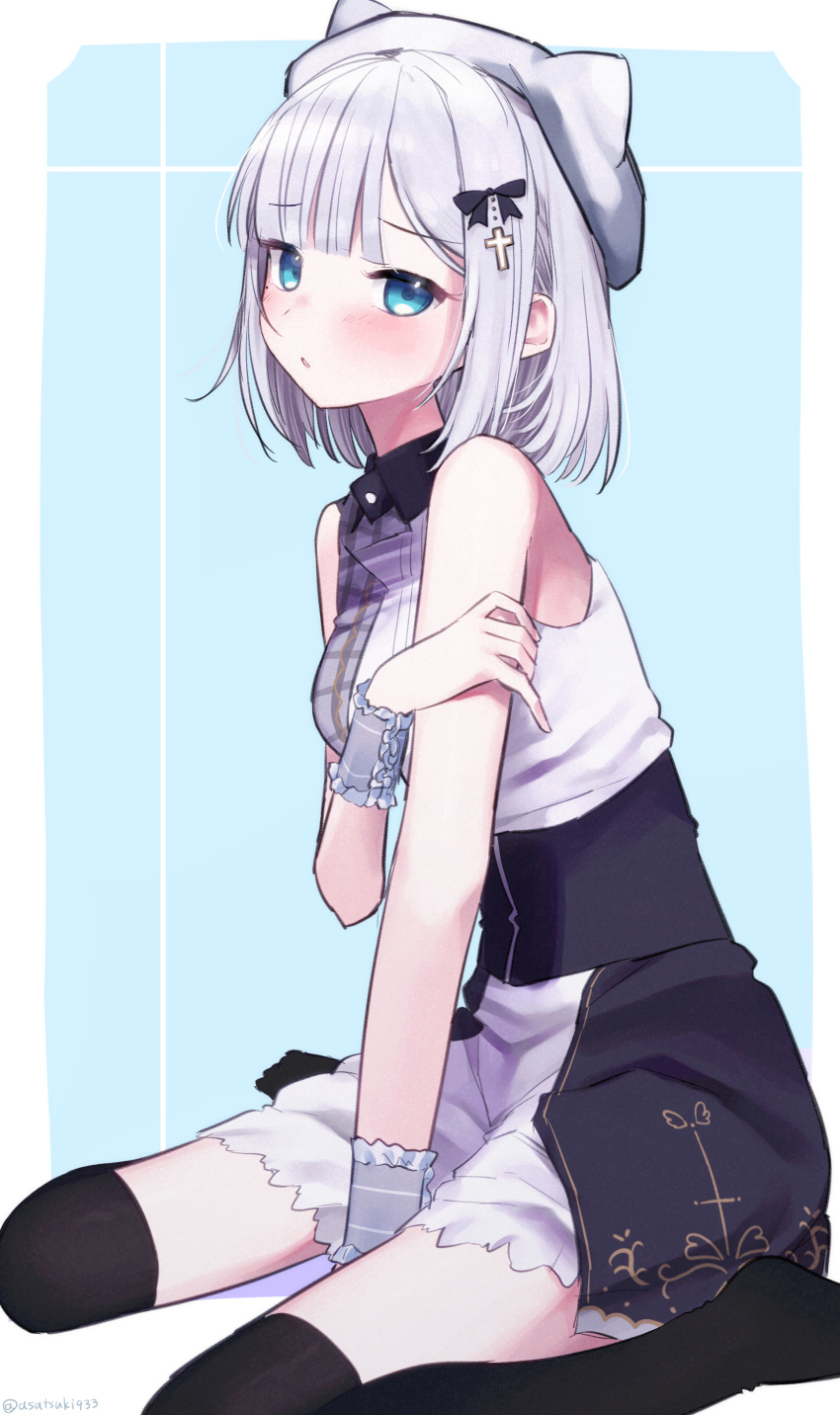 1girl, absurdres, animal_hat, arm_between_legs, asatsuki933, bare_shoulders, black_thighhighs, blue_background
