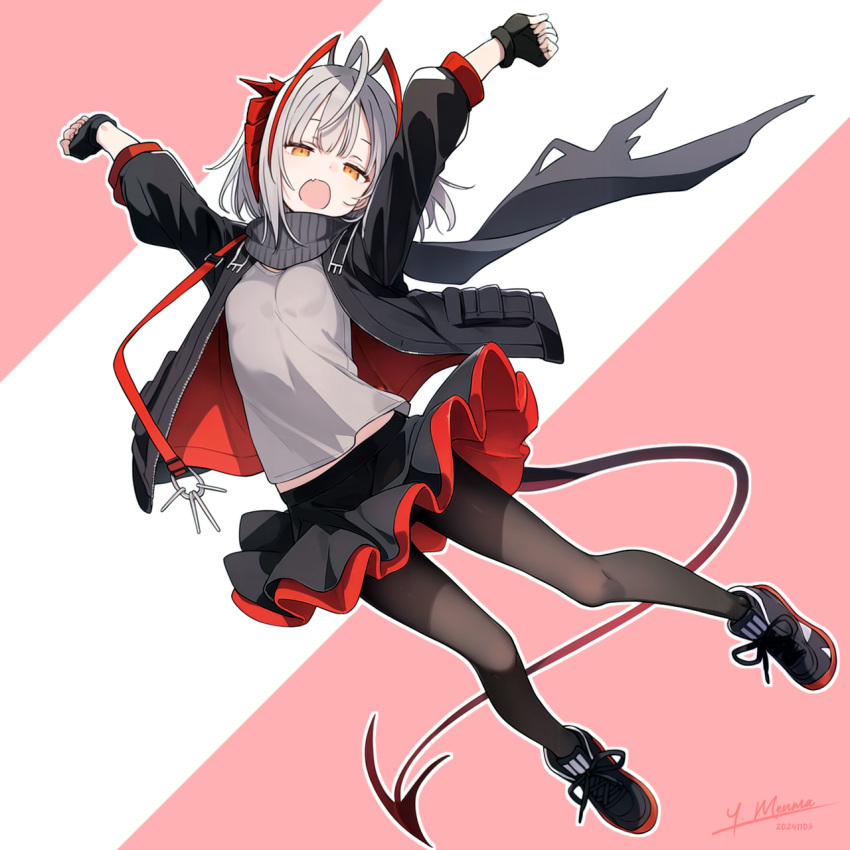 1girl, antenna_hair, arknights, arms_up, black_footwear, black_gloves, black_jacket, black_scarf