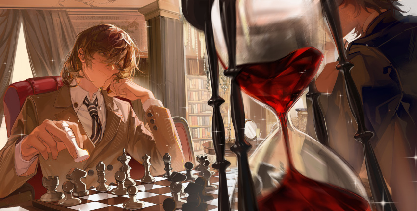2boys, absurdres, akechi_gorou, amamiya_ren, baicumikuo, bishop_(chess), black_hair, black_jacket, board_game, book, bookshelf, brown_eyes, brown_hair, brown_jacket, candle, candlestand, chair, chess, chess_piece, chessboard, closed_mouth, collared_shirt, commentary_request, curtains, dress_shirt, earrings, hand_on_own_cheek, hand_on_own_face, highres, holding, holding_chess_piece, hourglass, indoors, jacket, jewelry, king_(chess), knight_(chess), male_focus, mirror, multiple_boys, necktie, pawn_(chess), persona, persona_5, queen_(chess), rook_(chess), shirt, short_hair, sitting, smile, striped_necktie, suit, white_shirt, window