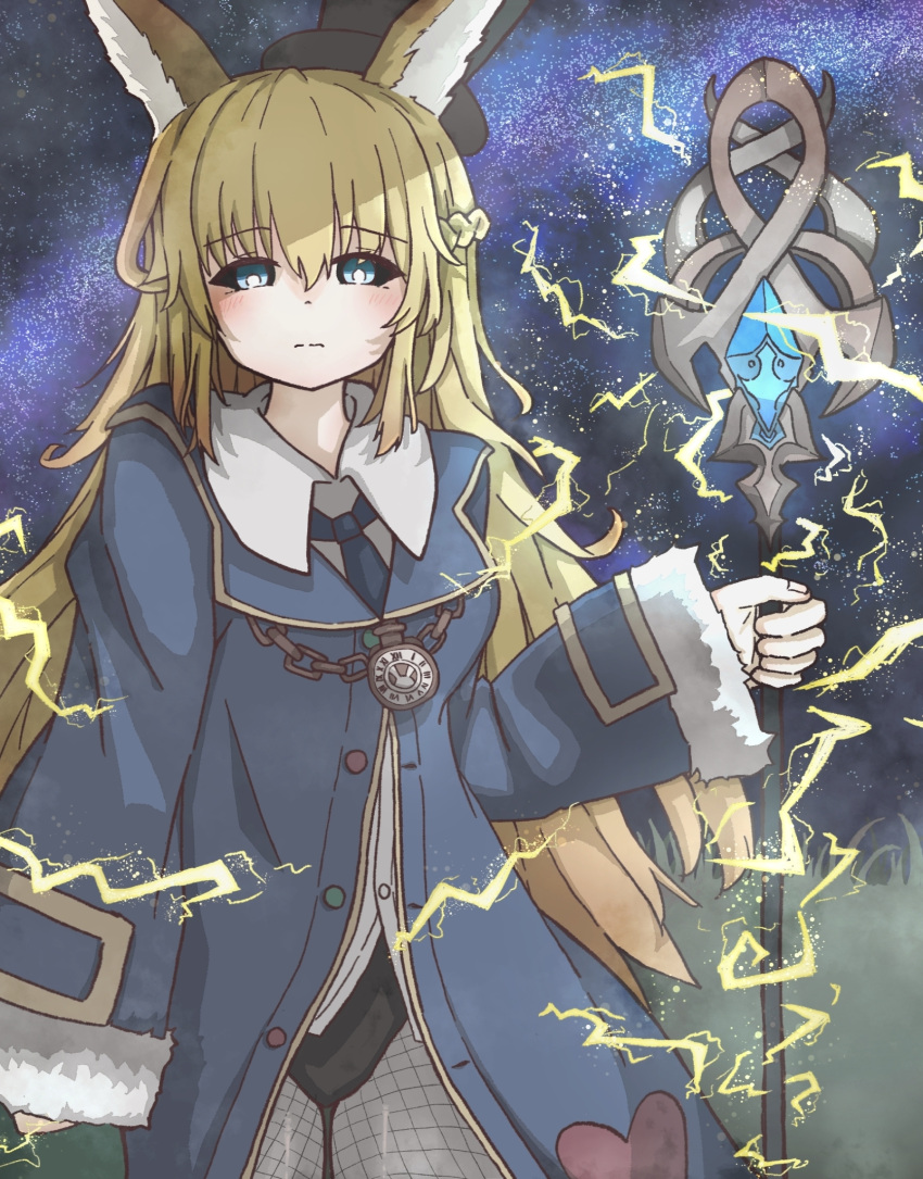 1d4b42, 1girl, animal_ears, black_hat, black_sclera, blonde_hair, blue_coat, blue_eyes