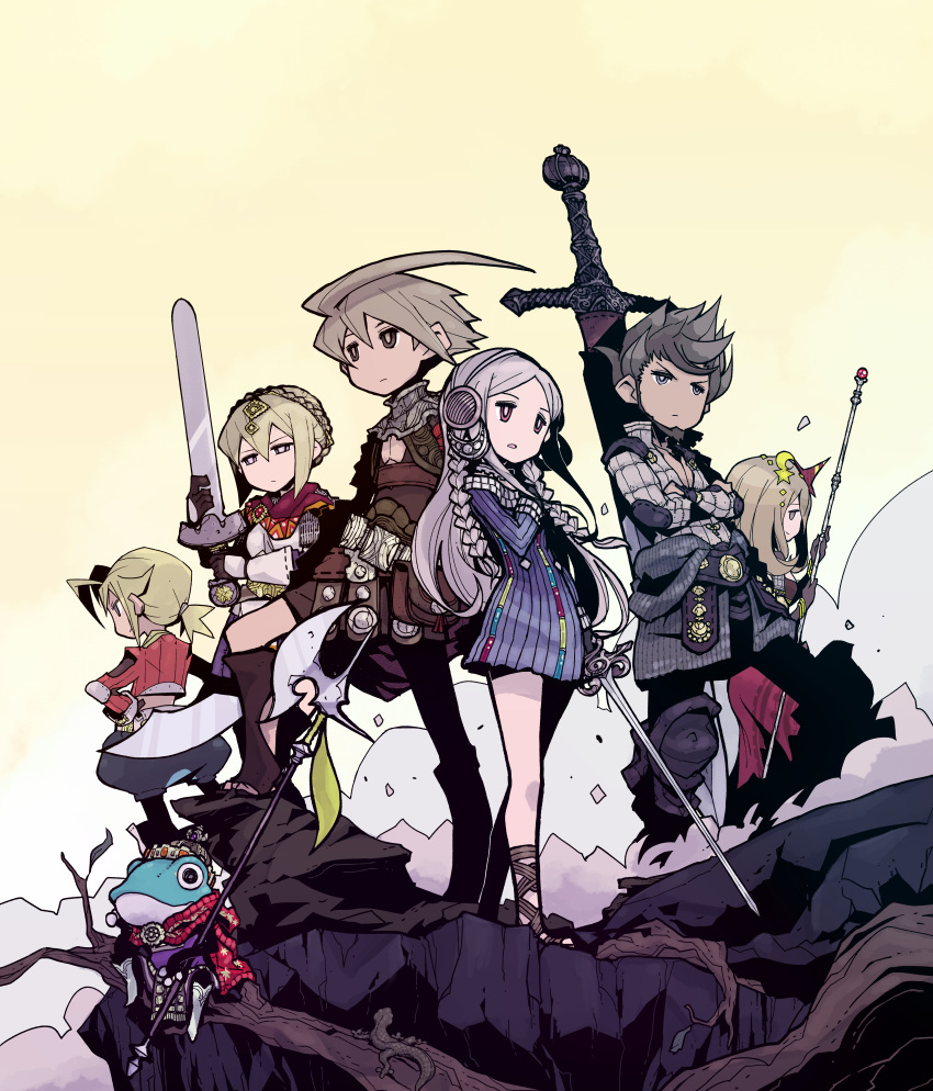 3girls, 4boys, absurdres, ahoge, antenna_hair, armlet, armor, bag