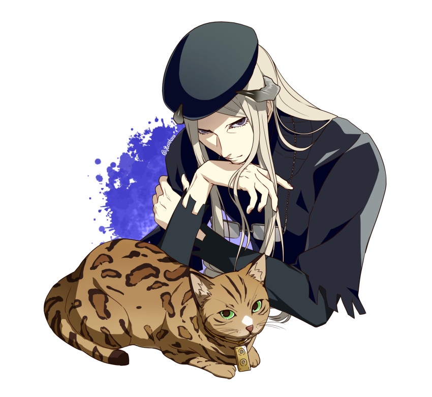 1boy, animal, animal_ear_fluff, arm_across_chest, arm_up, beret, black_hat, black_shawl, blonde_hair, brown_cat, cat, closed_mouth, cropped_torso, eyelashes, green_eyes, grey_eyes, hat, head_rest, highres, horns, igusaharu, long_hair, long_sleeves, looking_at_viewer, lower_eyelashes_only, male_focus, metaphor:_refantazio, more_(metaphor:_refantazio), palmar_flexion, plato_(metaphor:_refantazio), shawl, simple_background, smile, spotted_fur, twitter_username, very_long_hair, whiskers, white_background