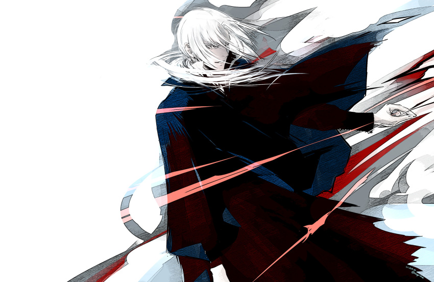 1boy, black_cape, black_robe, cape, commentary_request, dust, highres, long_hair