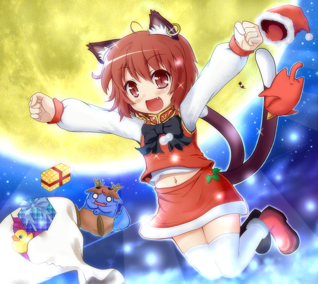 \o/, ahoge, alternate_costume, animal_ears, arms_up, blue_oni, bug, cat_ears