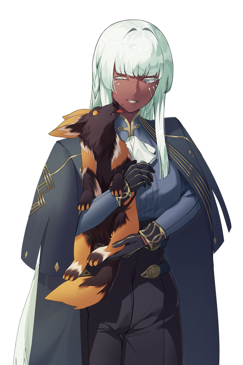 1girl, absurdres, animal, black_gloves, black_pants, brigitta_(metaphor:_refantazio), coat, coat_on_shoulders, colored_eyelashes, commentary, cowboy_shot, dog, gloves, grin, heianjian, highres, holding, holding_animal, long_hair, looking_at_animal, metaphor:_refantazio, one_eye_closed, pants, parted_lips, simple_background, smile, solo, very_long_hair, white_background, white_eyes, white_hair