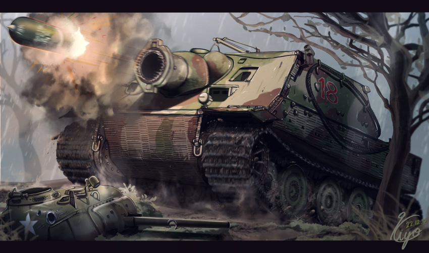 artillery_shell, bare_tree, broken, cannon, caterpillar_tracks, firing, highres, makiyo_shine
