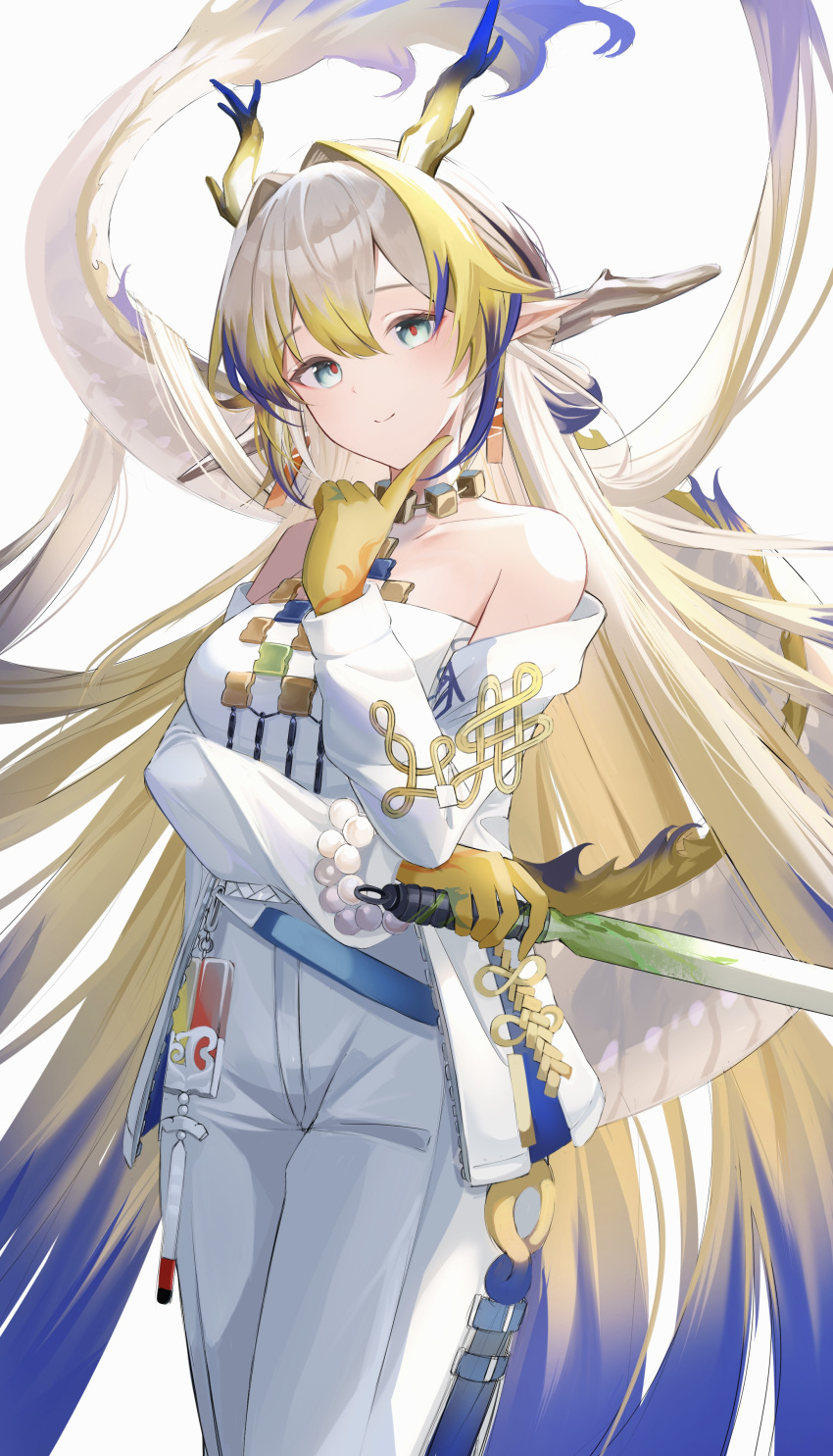 1girl, absurdres, arknights, belt, blonde_hair, blue_belt, blue_eyes, bracelet
