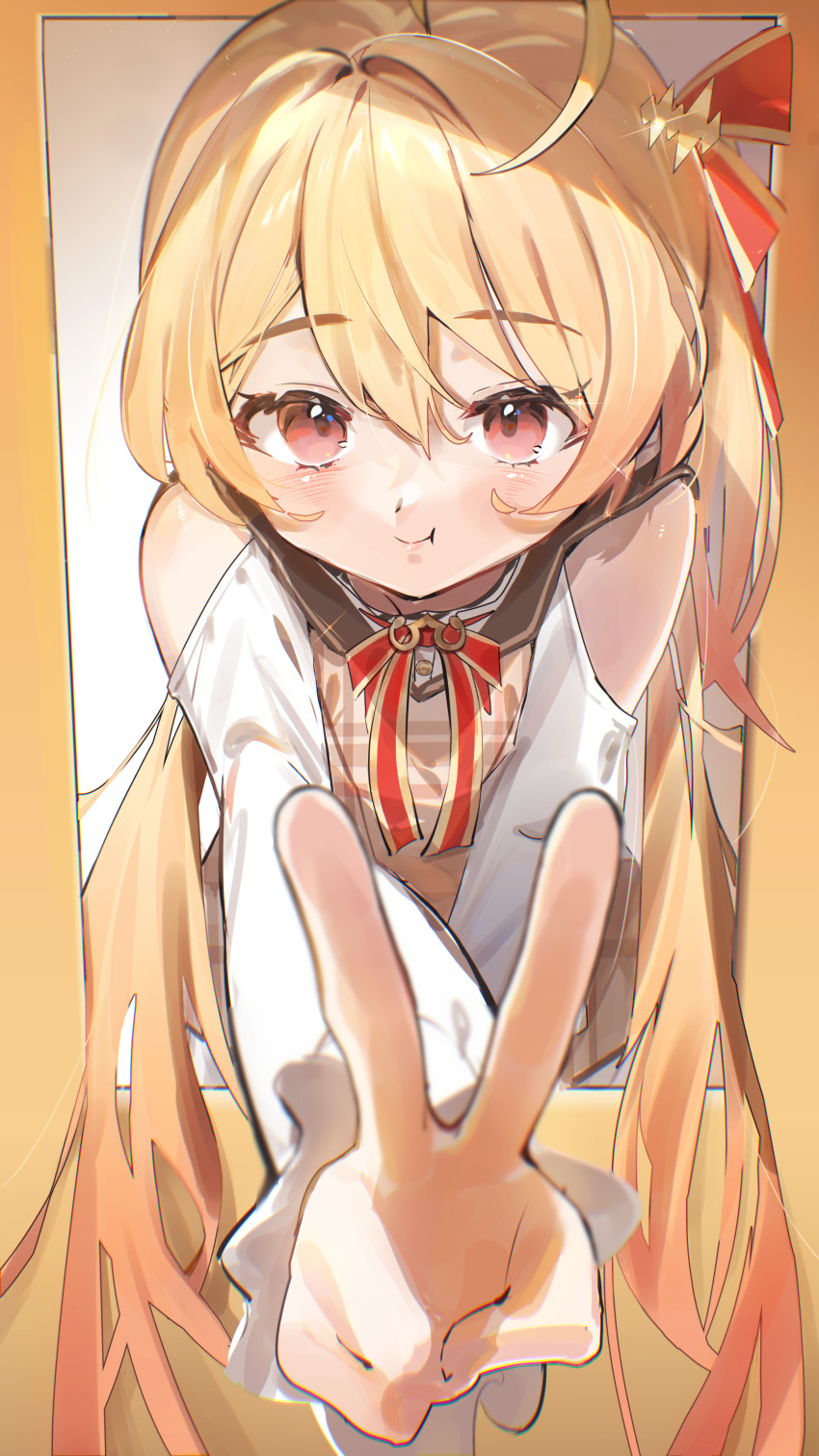 1girl, absurdres, ahoge, bare_shoulders, blonde_hair, blush, border, cheek_bulge