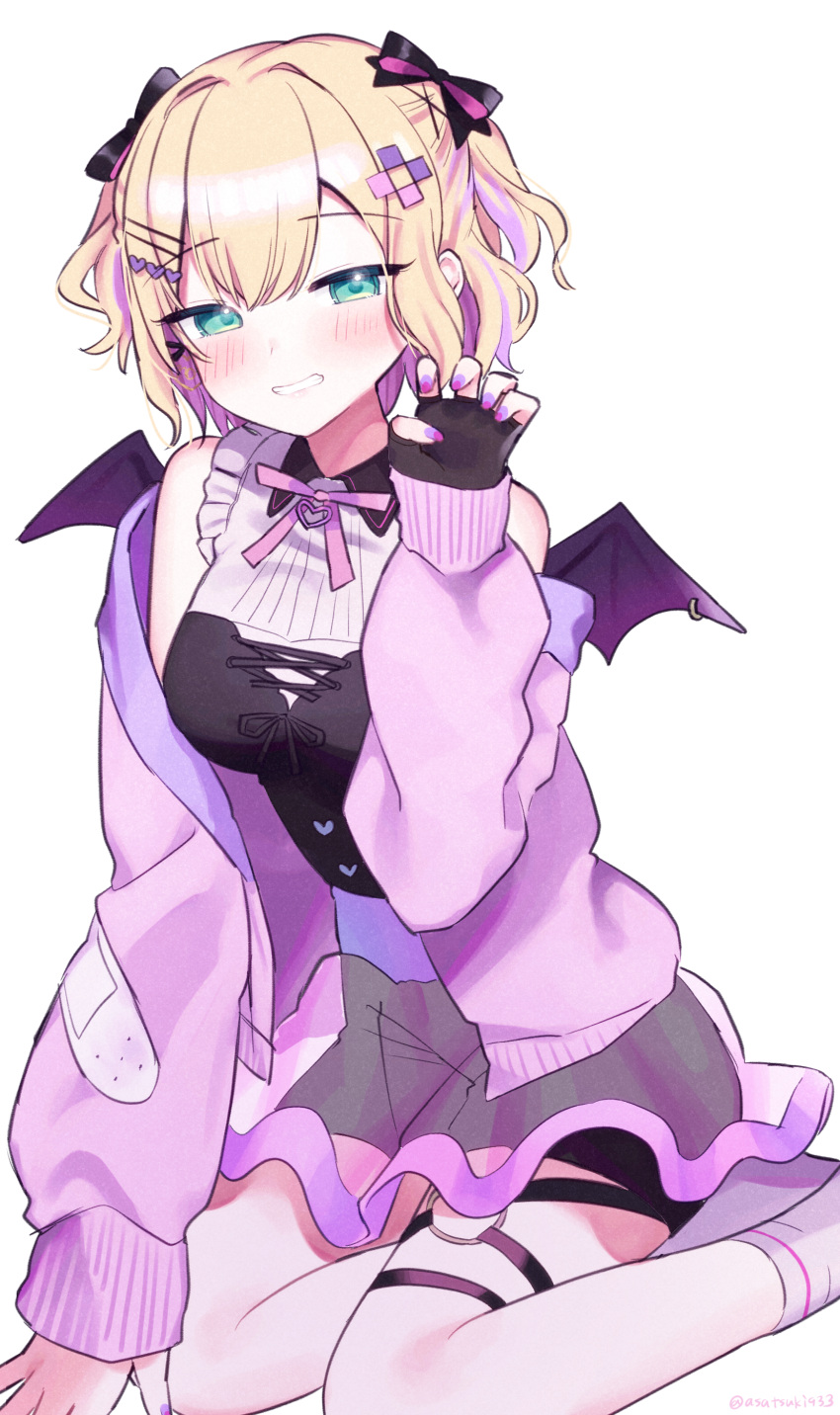 1girl, absurdres, ankle_socks, asatsuki933, bare_shoulders, bat_wings, black_shorts, blonde_hair