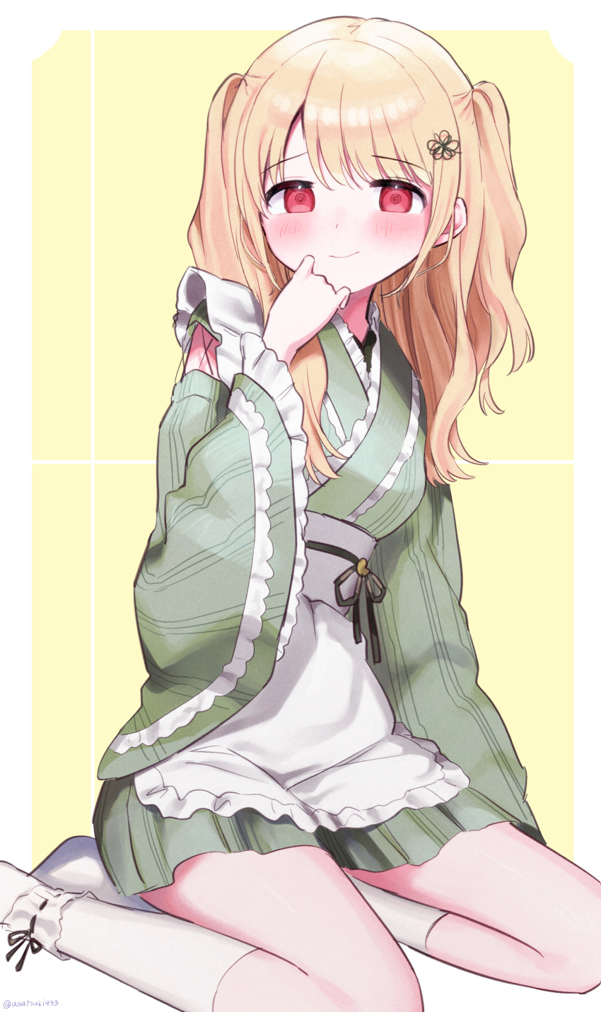 1girl, absurdres, ankle_cuffs, apron, arm_cutout, asatsuki933, bad_leg, blonde_hair