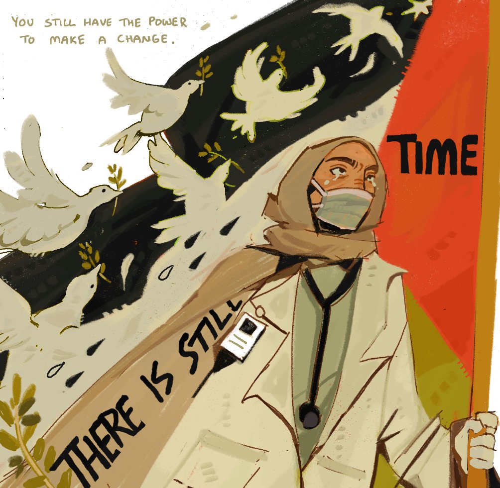 1girl, bird, brown_hijab, crying, doctor, dove, english_text, green_shirt, hijab, israel-hamas_war, lab_coat, mask, mouth_mask, nikoco, olive_branch, original, palestinian_flag, shirt, solo, stethoscope