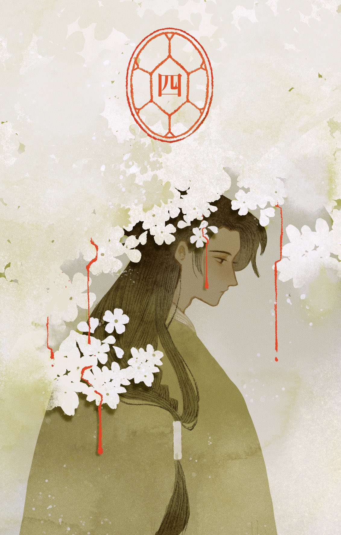 1boy, black_hair, blood, chinese_clothes, expressionless, flower, hanfu, highres, iplepee, long_hair, murong_chuyi, profile, solo, white_flower, yuwu