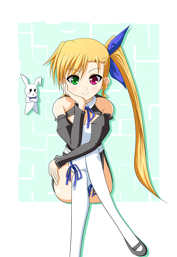 blonde_hair, blush, bow, breasts, bunny, cleavage, cosplay, crossed_legs