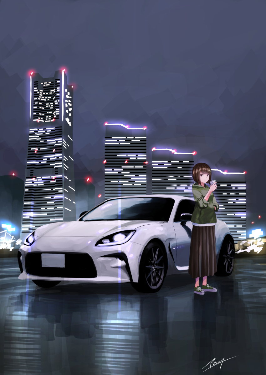 1girl, absurdres, apollos_ars, bob_cut, brown_hair, brown_skirt, building, car