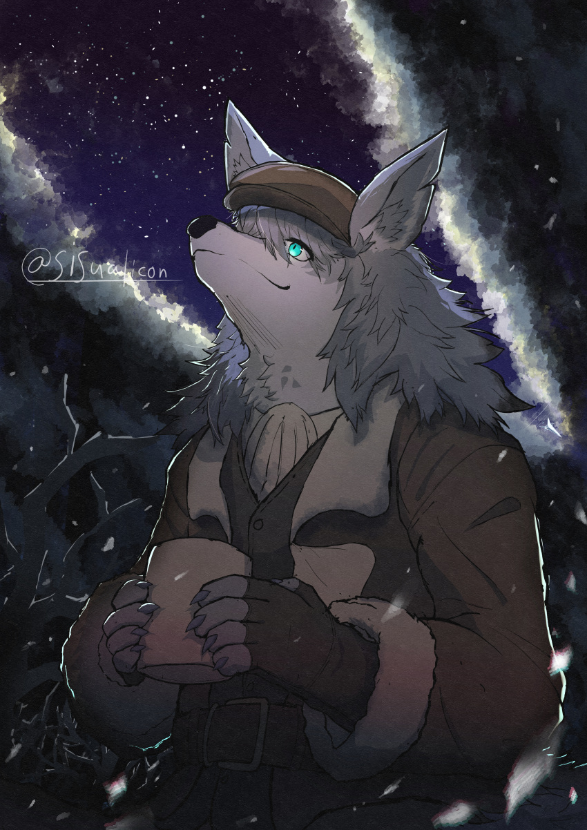 1boy, absurdres, animal_ear_fluff, animal_ears, artist_name, ascot, bare_tree, beret