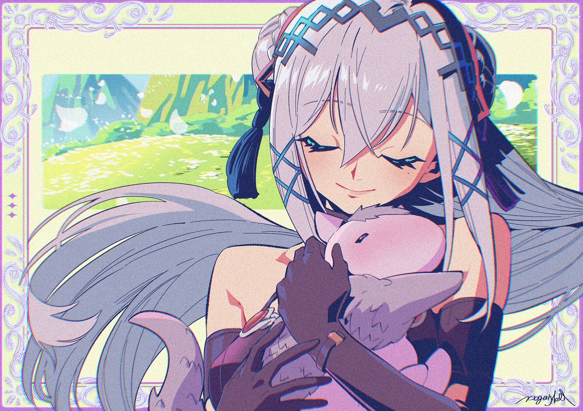 1girl, blush, closed_eyes, detached_sleeves, double_bun, elbow_gloves, falling_petals, field