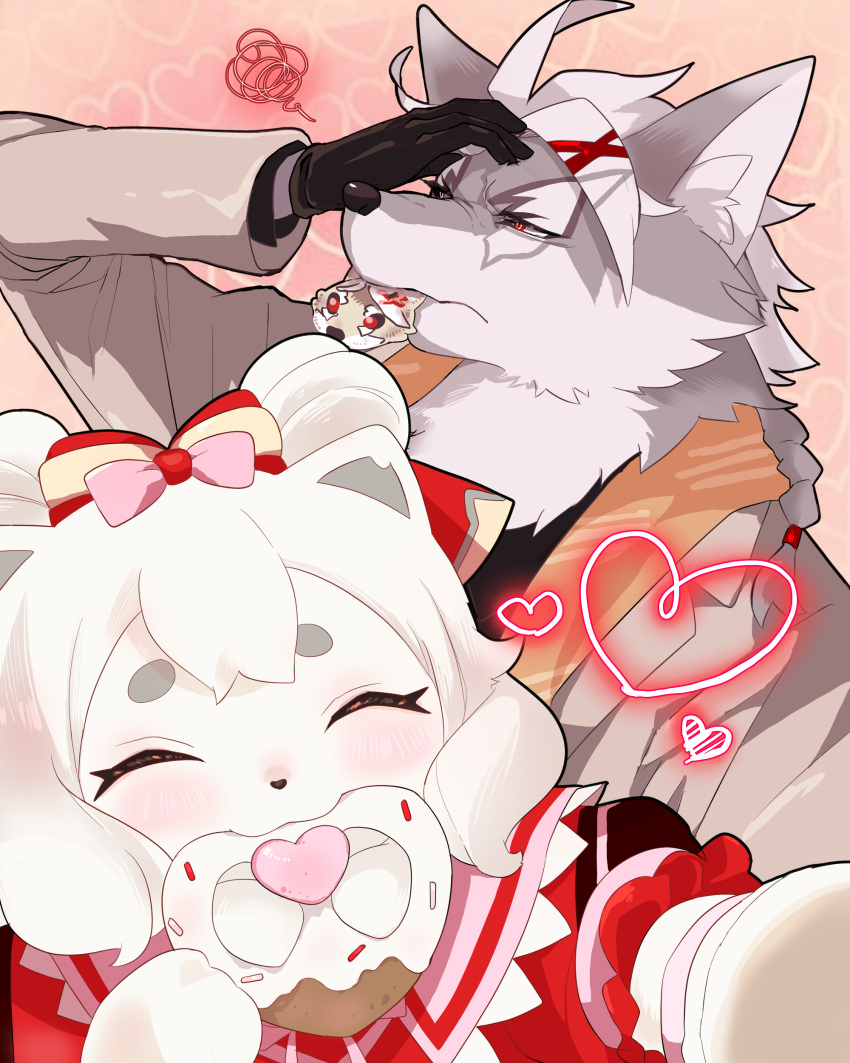 1boy, 1girl, absurdres, animal_ear_fluff, animal_ears, annoyed, black_gloves, black_shirt