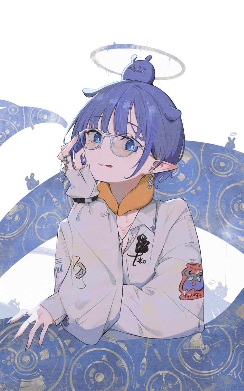1girl, absurdres, alternate_costume, arm_rest, blue_eyes, blue_nails, closed_mouth, collarbone