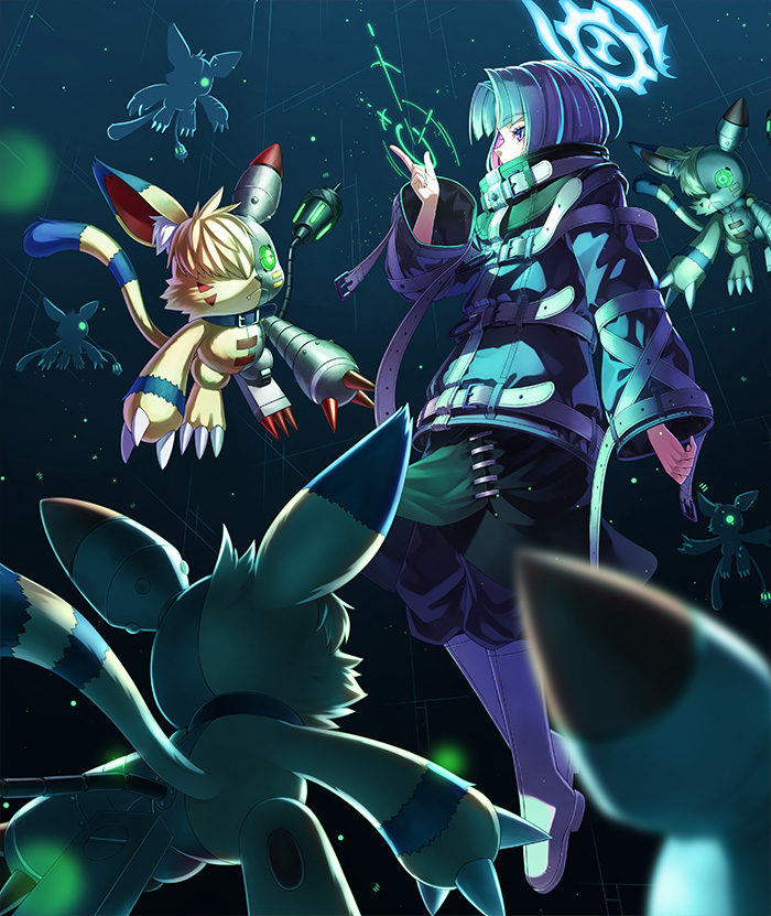 1other, black_pants, boots, digimon, digimon_(creature), digimon_card_game, digimon_liberator, glowing, glowing_eyes, green_eyes, grey_hair, halo, jacket, kazuki_seihou, maquinamon, official_art, pants, robot, unchained_(digimon), white_footwear