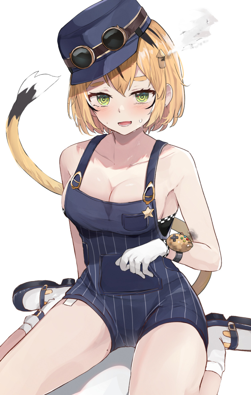 1boy, 1girl, blonde_hair, blue_hat, blue_overalls, breasts, checkered_wristband, commentary