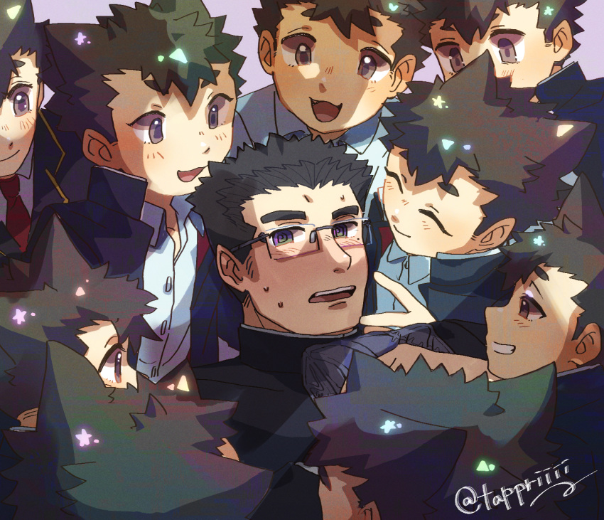 6+boys, @_@, black_eyes, black_hair, black_jacket, blush, chaba_ga_oishii, clone