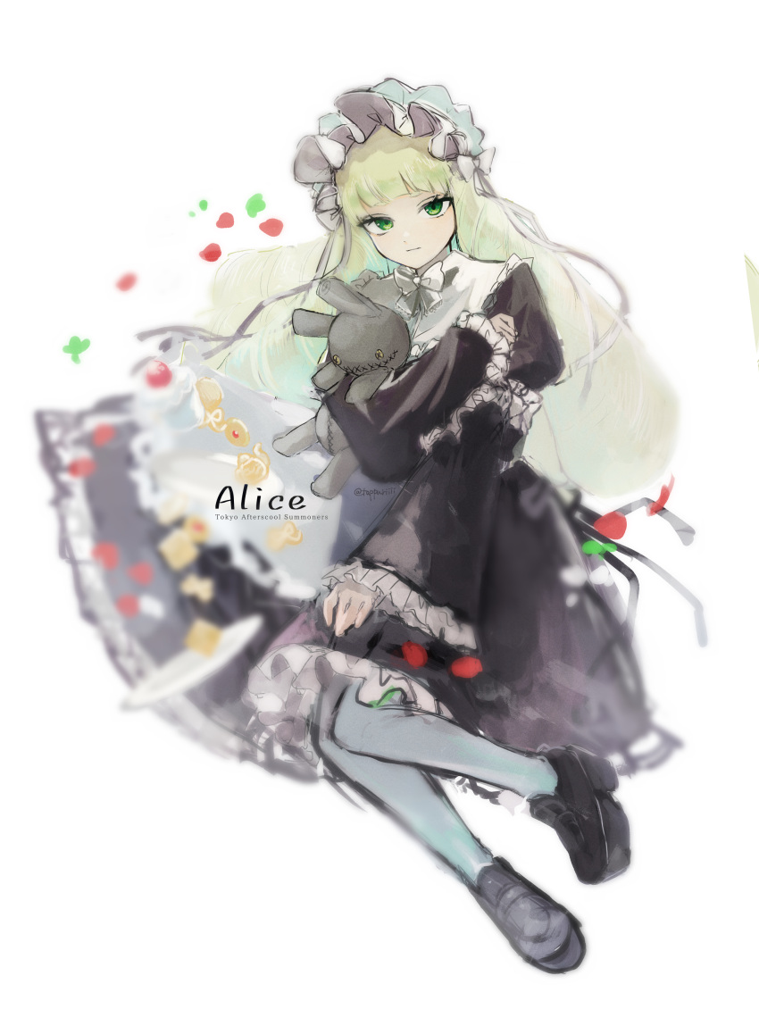 absurdres, alice_(housamo), black_dress, black_footwear, border, chaba_ga_oishii, closed_mouth, cookie
