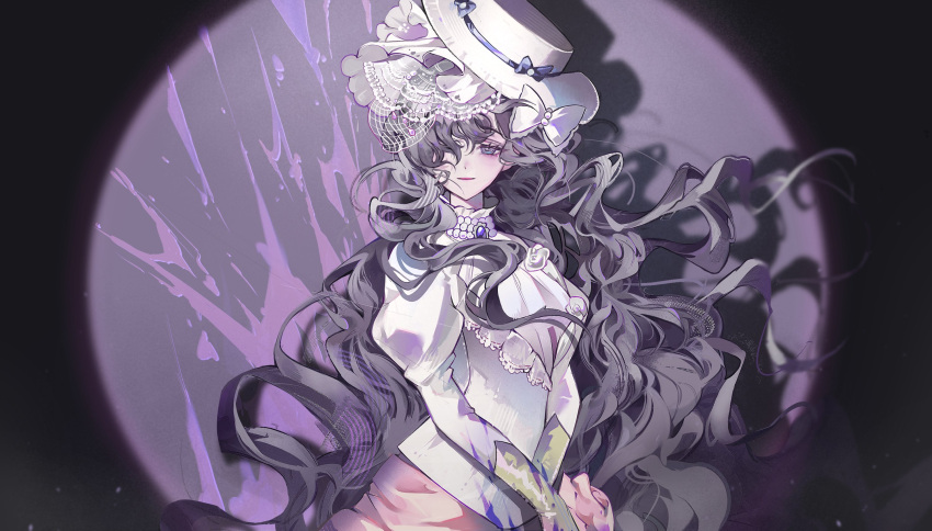 1girl, black_hair, bow, curly_hair, dark_background, dress, floating_hair, gloves