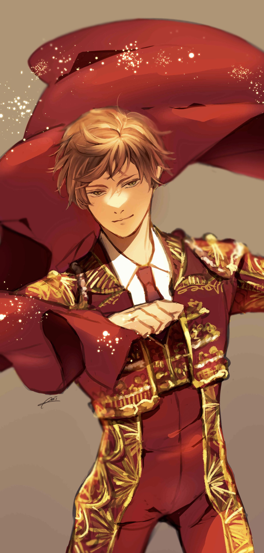 1boy, absurdres, axis_powers_hetalia, brown_hair, cape, collared_shirt, cowboy_shot, cropped_jacket