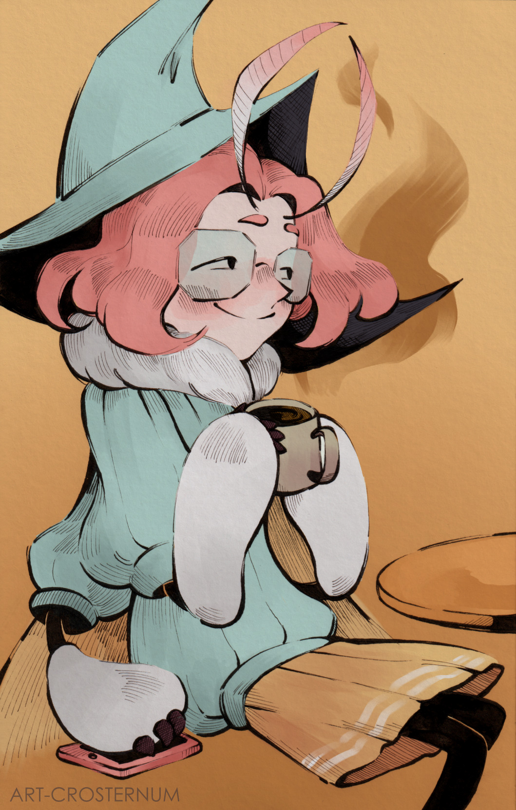 1girl, antennae, art-crosternum, artist_name, black_eyes, blue_hat, blue_shirt, cellphone, cup, extra_arms, fur_trim, glasses, hat, highres, invisible_chair, luna_(potionomics), monster_girl, mug, phone, pink_hair, potionomics, shirt, short_hair, sitting, smartphone, smile, solo, steam, table, yellow_background