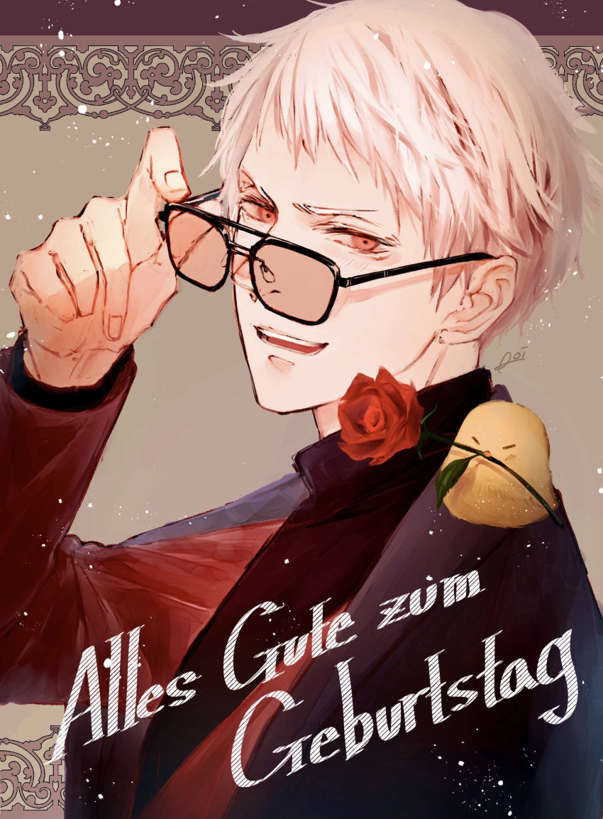 1boy, absurdres, adjusting_eyewear, axis_powers_hetalia, bird, flower, german_text, happy_birthday