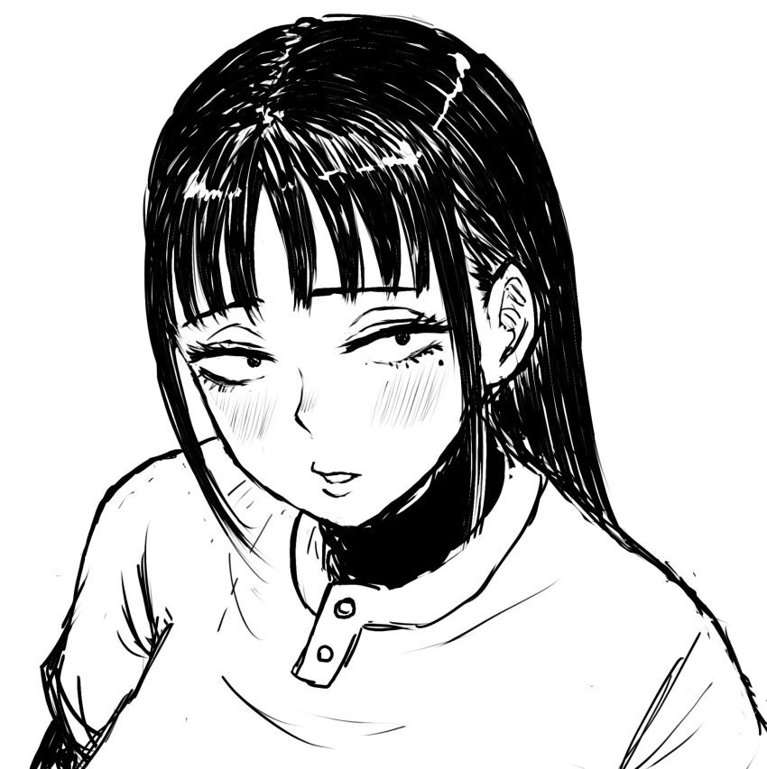 1girl, agawa_sensei_(strikeout_pitch), baseball_jersey, baseball_uniform, blush, choppy_bangs, commentary_request, greyscale