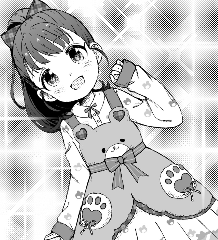 1girl, :d, animal_print, apron, bear_print, blush, bow, collared_dress