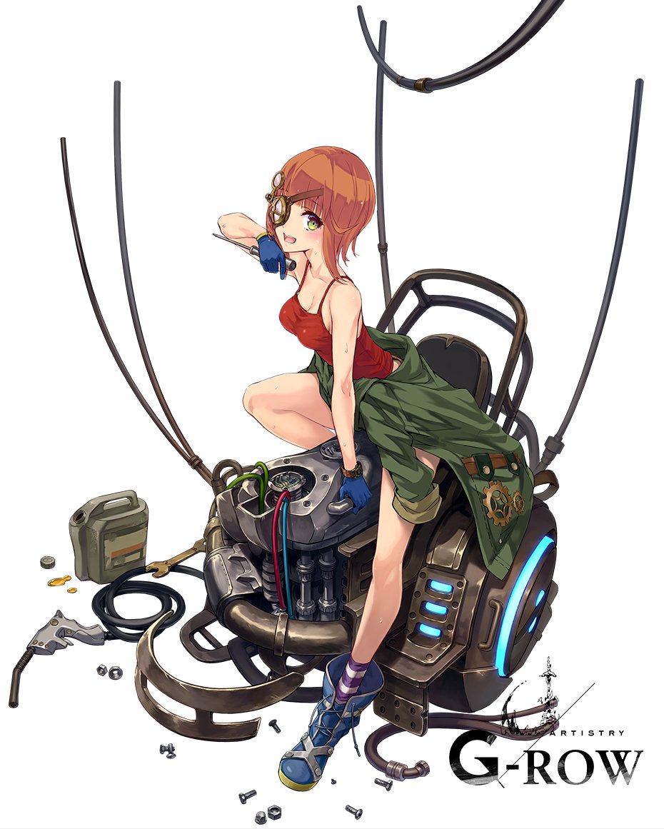 1girl, arm_support, blue_footwear, blue_gloves, clothes_around_waist, commentary_request, full_body, gloves, green_eyes, green_jacket, holding, holding_screwdriver, horizontal-striped_socks, jacket, judith_(ta_ga_tame_no_alchemist), looking_at_viewer, monocle, official_art, open_mouth, purple_socks, red_tank_top, rinzo, screw, screwdriver, second-party_source, simple_background, sitting, socks, solo, striped_clothes, striped_socks, sweatdrop, ta_ga_tame_no_alchemist, tank_top, thighs, two-tone_socks, white_background, white_socks, wrench