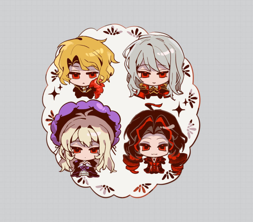 1boy, 3girls, ahoge, barber_(project_moon), black_dress, blonde_hair, bonnet, chibi