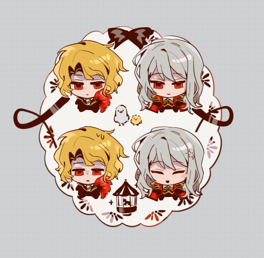 1boy, 1girl, bird, black_coat, black_jacket, black_pants, blonde_hair, chibi, chick, closed_mouth, coat, don_quixote_(project_moon), gold_trim, grey_background, highres, jacket, la_manchaland's_don_quixote_(project_moon), limbus_company, long_hair, multiple_views, pants, parted_bangs, project_moon, red_eyes, roier, sancho_(project_moon), sidelocks, simple_background, smile, white_hair