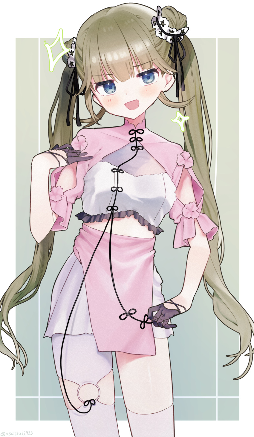 1girl, :d, absurdres, arm_cutout, asatsuki933, asymmetrical_legwear, black_ribbon, blue_eyes