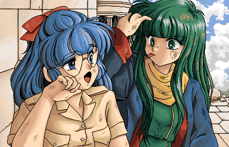 2girls, angry, arm_up, blue_eyes, blue_hair, dirty, dirty_clothes, dirty_face
