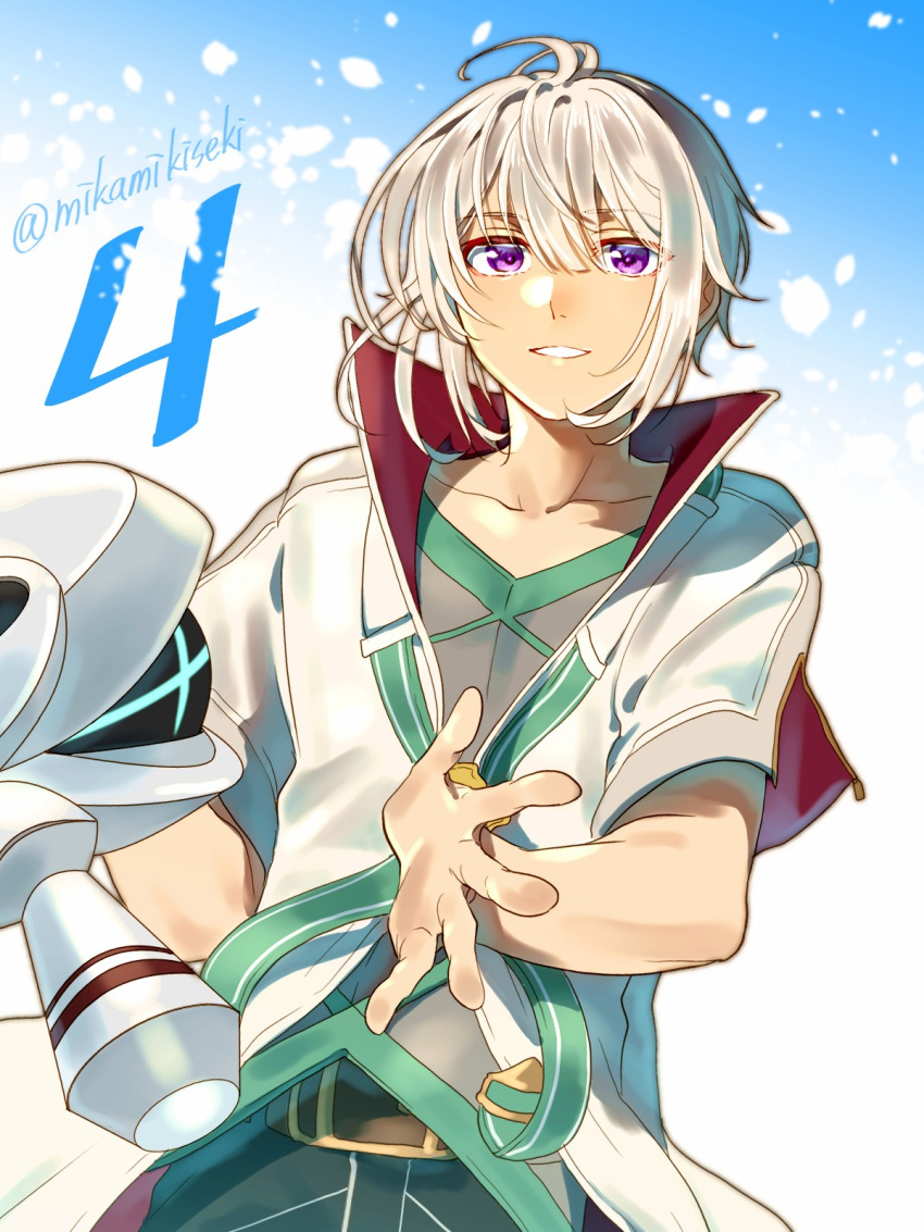 1boy, artist_name, collarbone, commentary_request, drone, eiyuu_densetsu, falling_petals, fio_(eiyuu_densetsu)