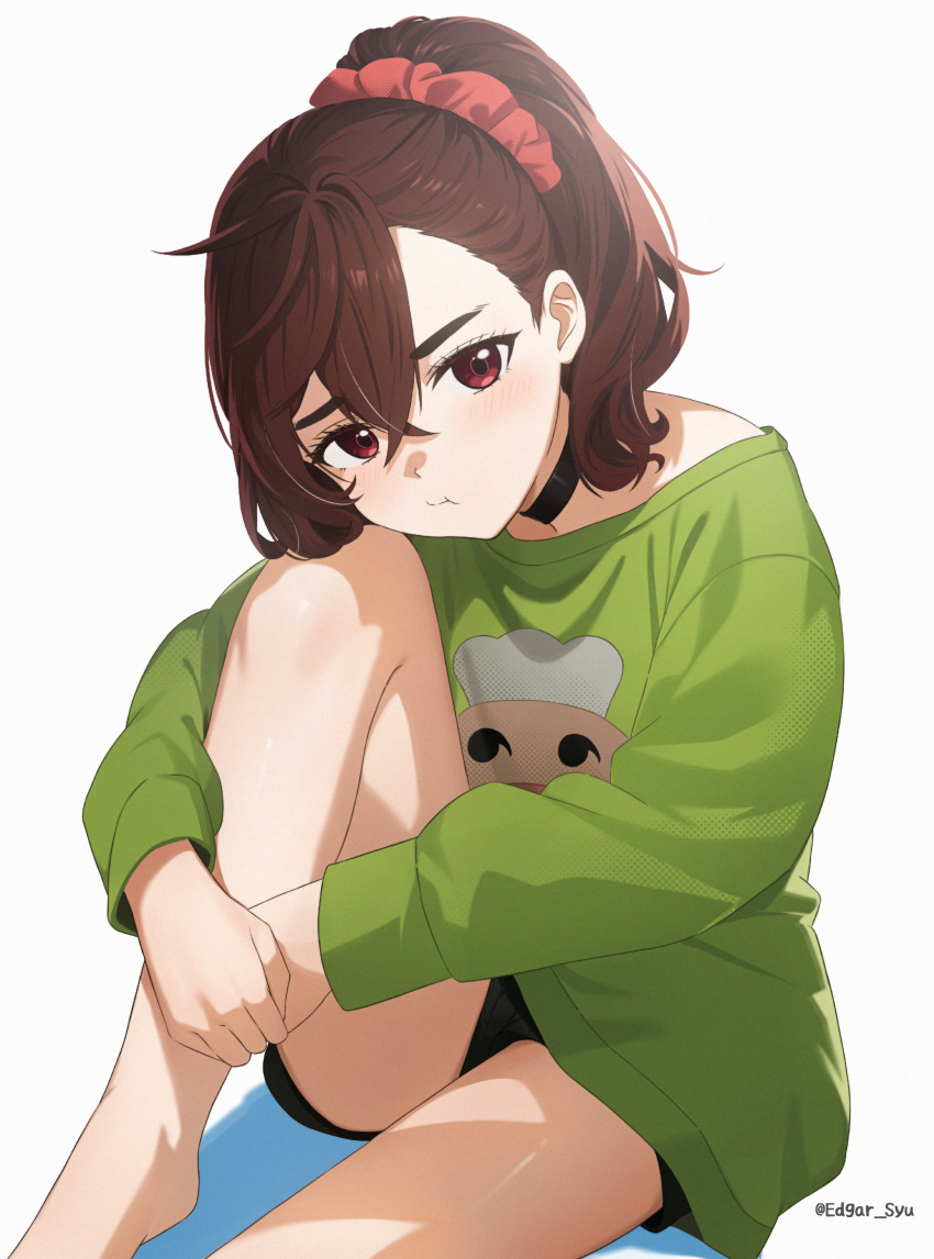 1girl, absurdres, ayase_momo, black_choker, black_shorts, blush, brown_hair, choker