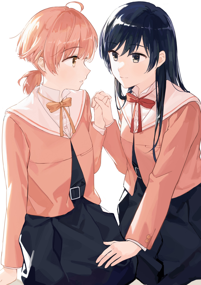 2girls, absurdres, ahoge, anqininnn, black_dress, black_hair, brown_cardigan, brown_eyes