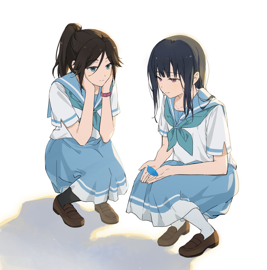 2girls, absurdres, anqininnn, black_hair, black_socks, blue_eyes, blue_neckerchief, blue_sailor_collar