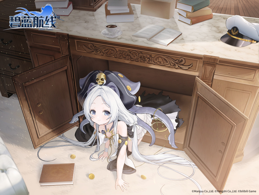 1girl, absurdres, anchor_symbol, azur_lane, blue_eyes, book, cabinet, coin